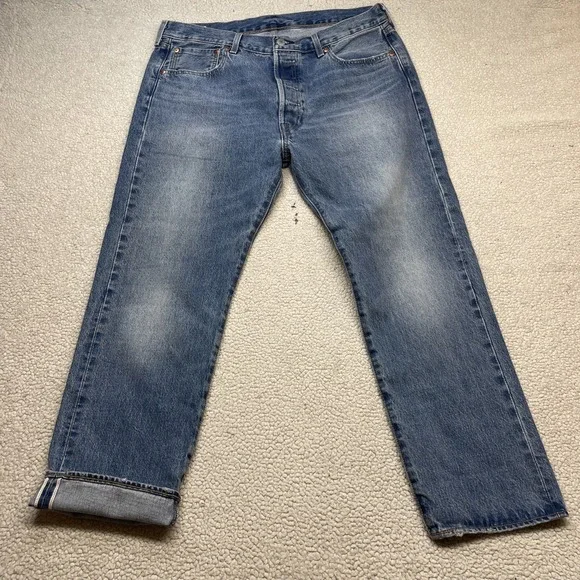 Levis Jeans Mens 36x29 Blue 501 ST Straight Leg Button Fly Denim - Picture 3 of 13